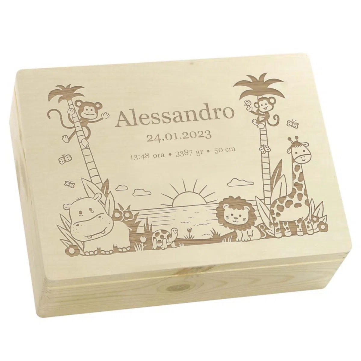 LAUBLUST Scatola dei ricordi per bambini - Giungla - Regalo personalizzato per il bambino | Taglia L, ca. 40 x 30x 14 cm, Naturale - Scatola decorativa in legno con coperchio, FSC®