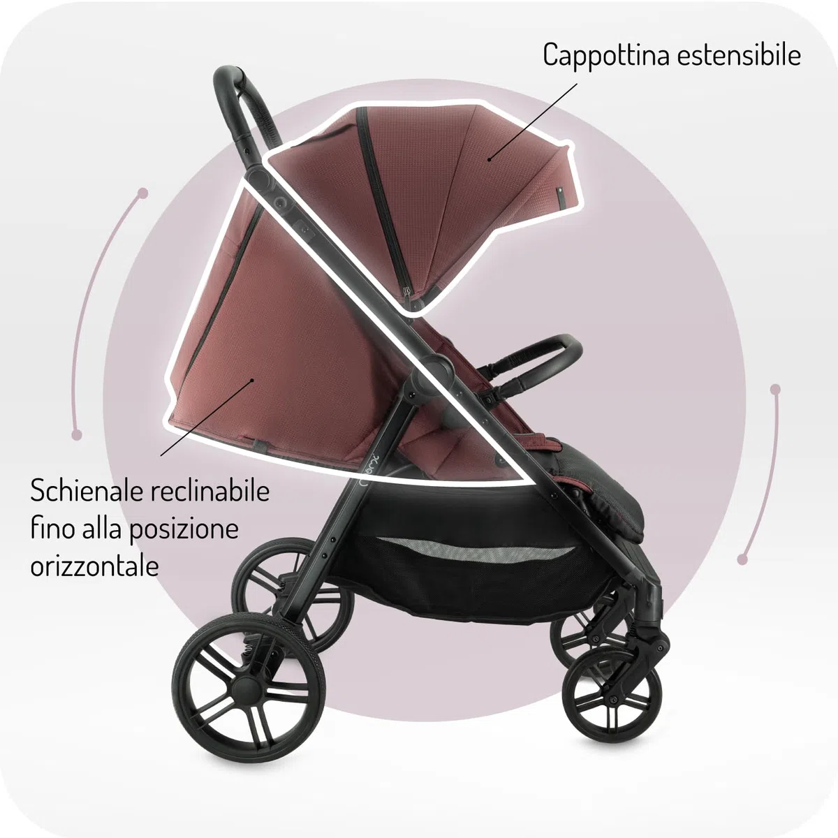 Il passeggino MoMi CLARA a partire da 6 mesi, fino a 22 kg di peso corporeo, cinture di sicurezza a 5 punti, coprigambe, portabicchieri, cestino per la spesa, borsa, zanzariera, telo parapioggia