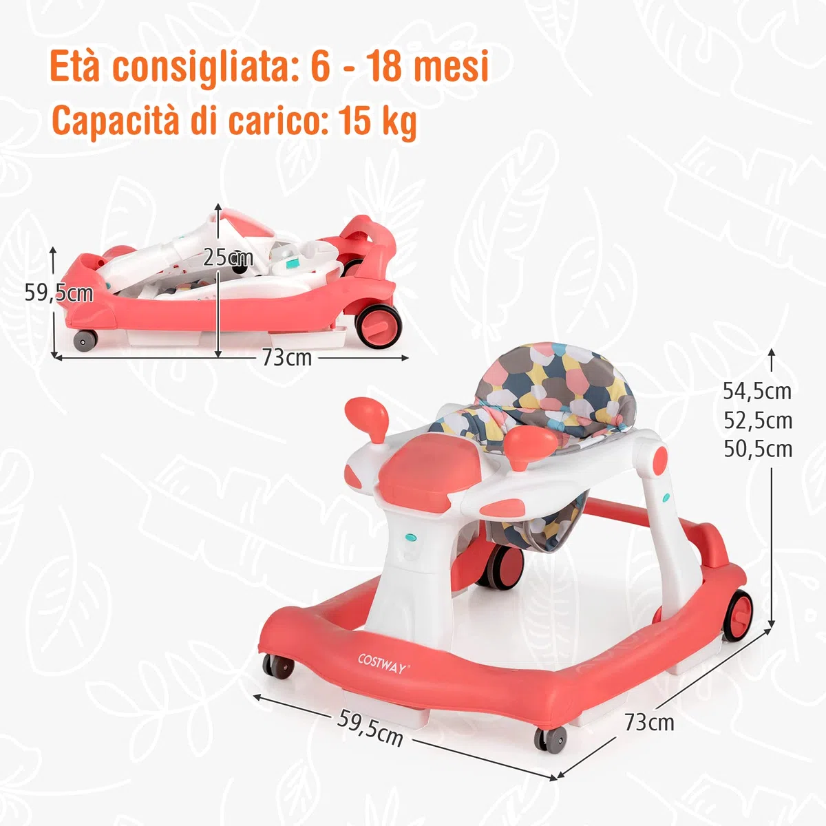 COSTWAY Girello per bambini 2 in 1, Girello con Altezza e Velocità Regolabili, Carillon con Luci e Cuscino Comodo, Primi Passi per Bambini 6-18 Mesi, Capacità di carico: 15 kg (Arancia)