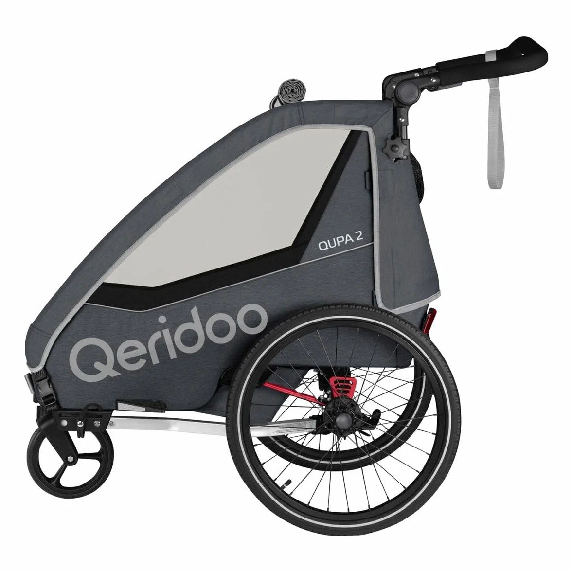 Rimorchi per bicicletta marca QERIDOO. Modello Kinderfahrradanhänger & Buggy QUPA 2 für 2 Kinder mit Kupplung, Blattfeder-Dämpfsystem (bis 60 kg) - Grigio