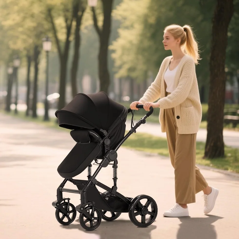 Passeggino 3 in 1 Multifunzione, Chiusura ad un Clic, Nero, Borsa Mamma per Neonati