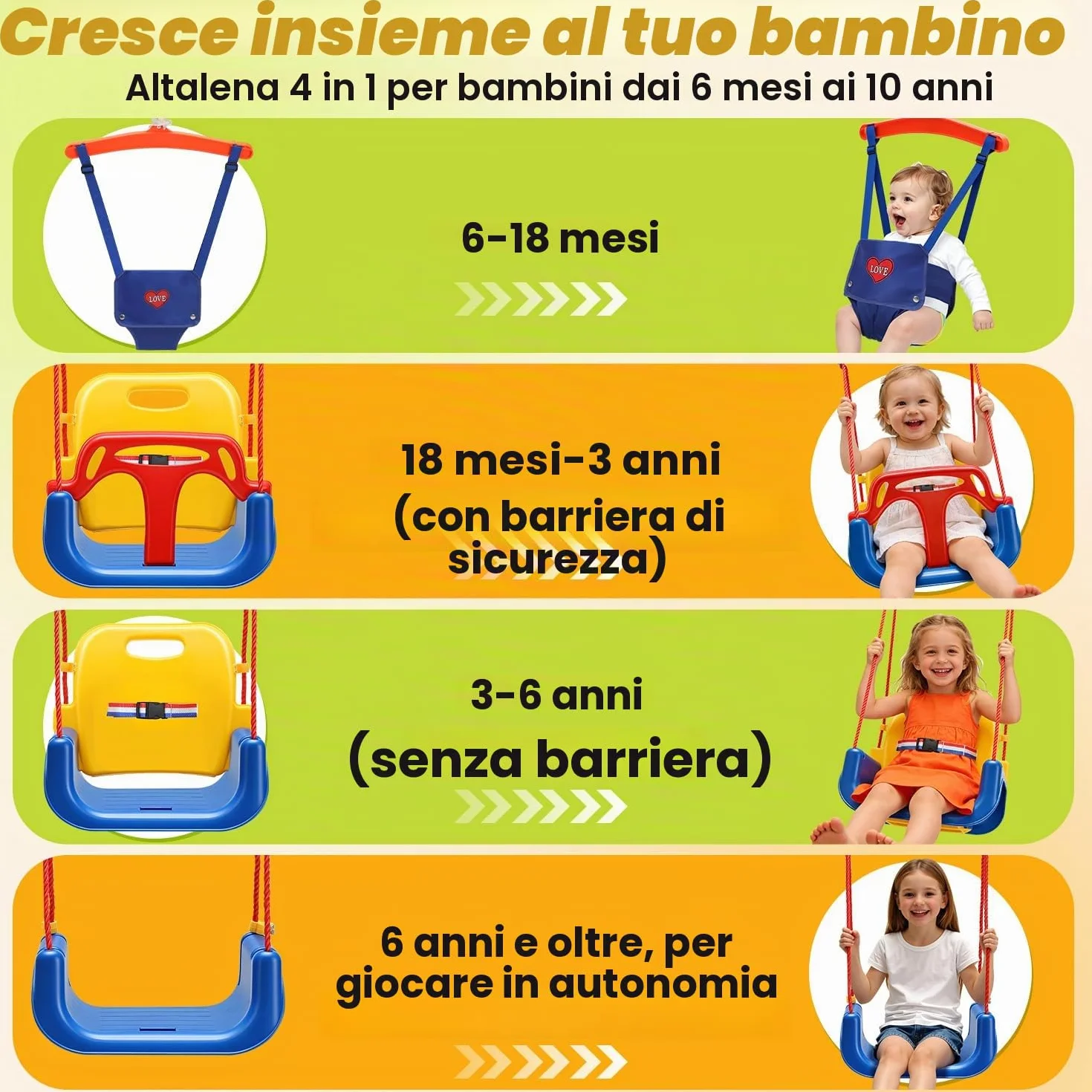 Altalena per bambini, 4 in 1, con telaio – Altalena per bambini, con cintura di sicurezza, pieghevole e 4 sacchi di sabbia, per interni ed esterni, facile da montare