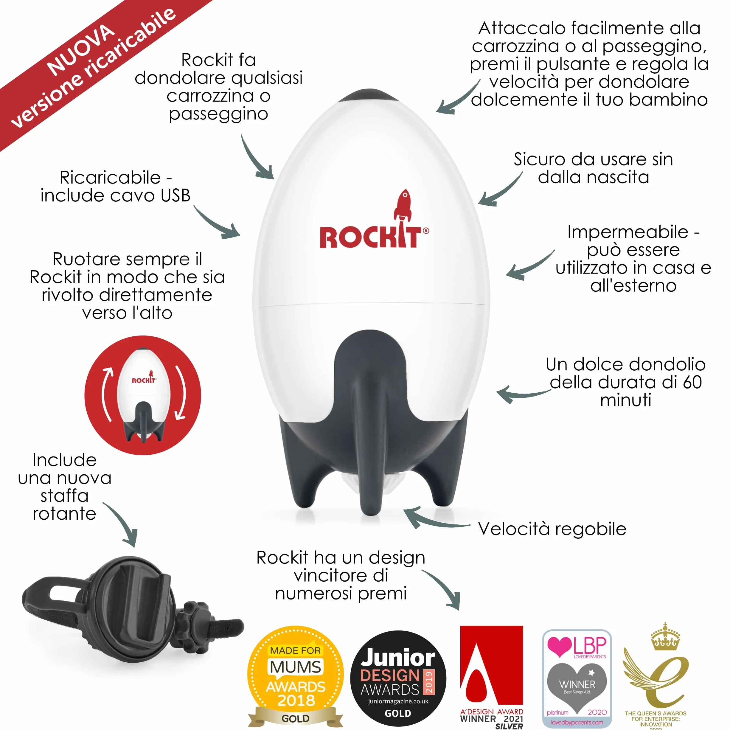 Rockit Rocker ricaricabile – Baby Sleep Aid per passeggino, velocità regolabile, timer 60 minuti