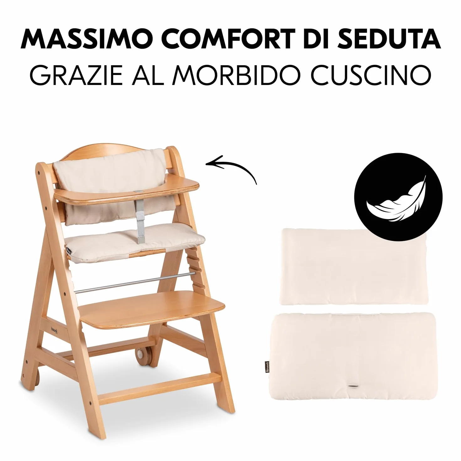 Hauck Beta+ Naturale Seggiolone Pappa con Ruote, Vassoio, Barra Protettiva, Cuscino di Seduta, Cintura a 5 Punti - Legno di Faggio 6 Mesi 90 kg