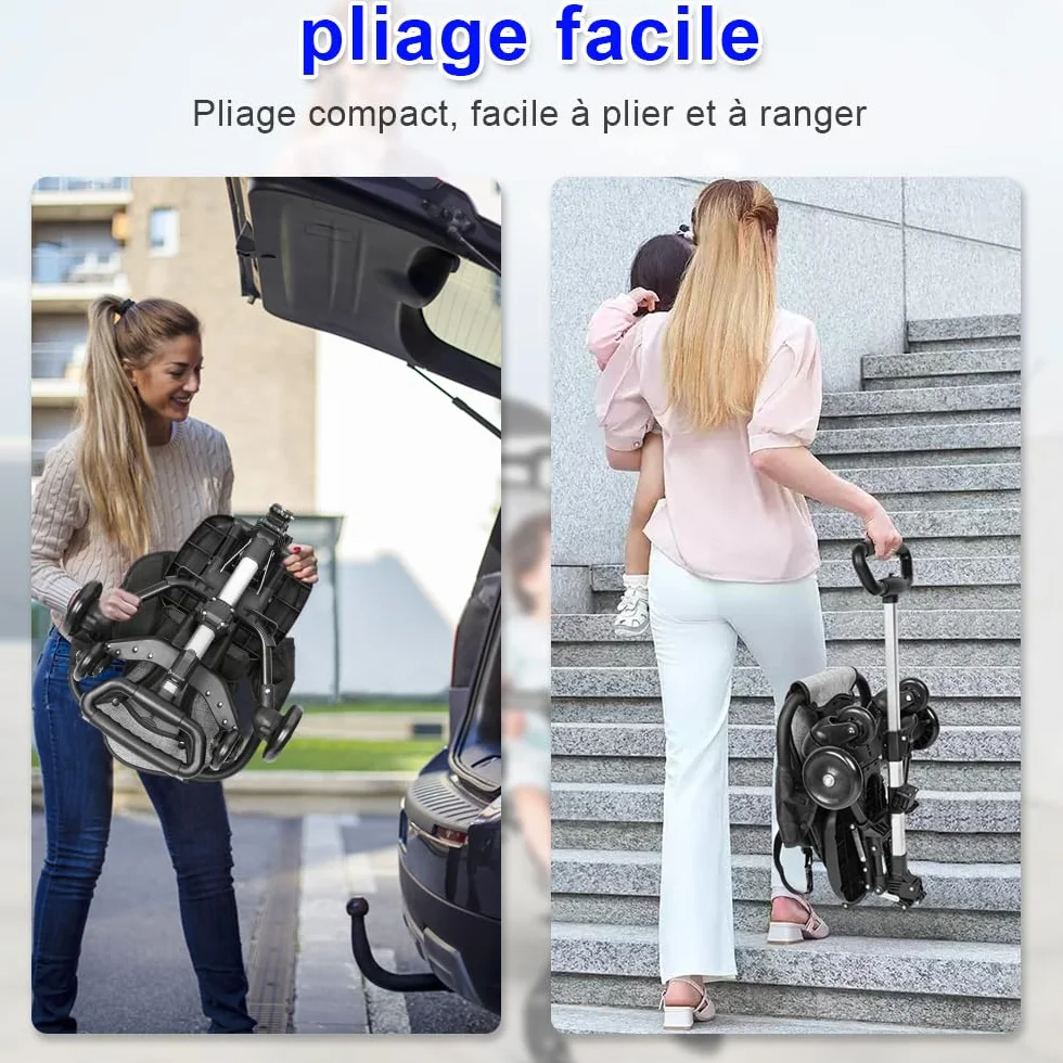 Passeggino a canna ultra leggero pieghevole 25 kg regolabile nero+grigio