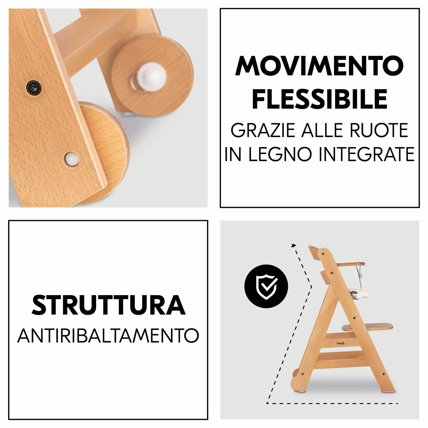 Hauck Beta+ Naturale Seggiolone Pappa con Ruote, Vassoio, Barra Protettiva, Cuscino di Seduta, Cintura a 5 Punti - Legno di Faggio 6 Mesi 90 kg
