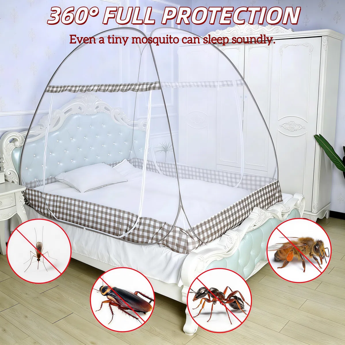 Digead Pop-up Zanzariera a Cupola per Letto Matrimoniale, 120x200 cm con Doppia Porta, Leggera e Traspirante in Poliestere Misto, Pieghevole e Portatile per Casa Viaggio Campeggio - Bordo Marrone