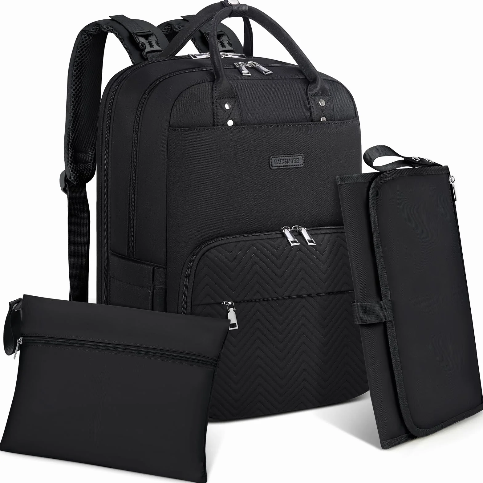RAINSMORE Zaino Mamma Multifunzione Zaino Fasciatoio Grande Capacità Borsa Neonato con Fasciatoio Portatile Zaino Passeggino per Mamma e Papà Nero
