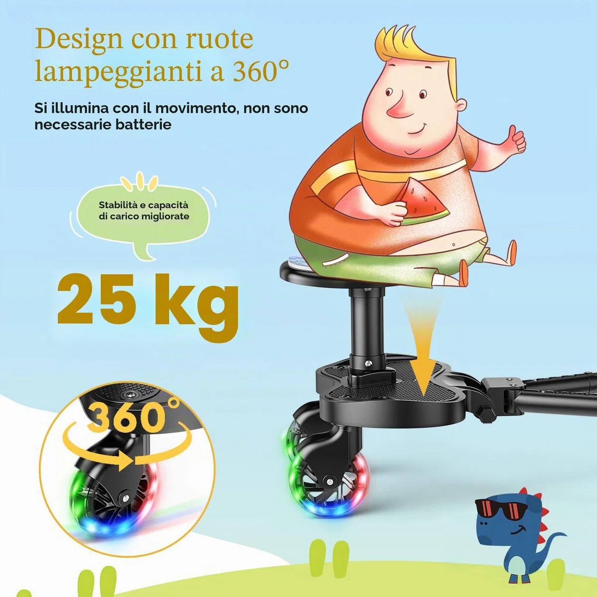 Passeggino con ruote a LED, pedana per passeggino, per bambini da 2 a 6 anni (25 kg), compatibile con il 99% di tutti i passeggini