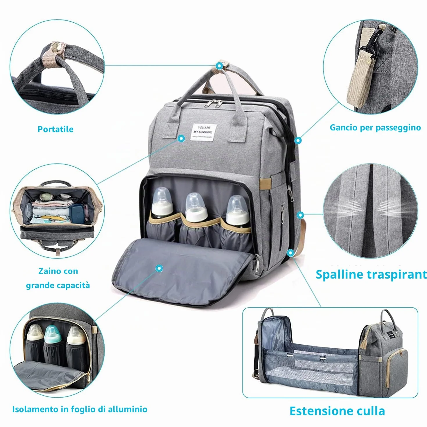 Zaino Fasciatoio Multifunzione Impermeabile con Lettino Pieghevole Borsa da Viaggio Portatile (Grigio)