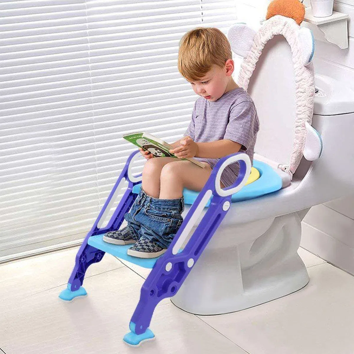 ACXIN Sedile WC per bambini con scale, vasino pieghevole, addestratore per WC regolabile con cuscino in poliuretano e maniglia, vasino per bambini, blu e viola