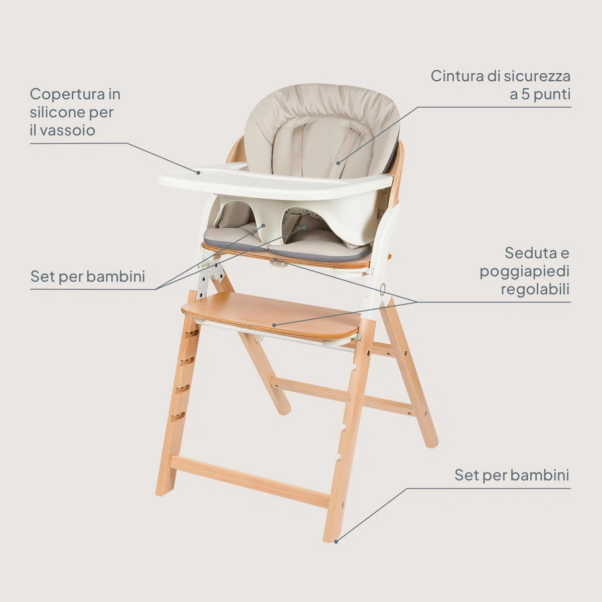 LIONELO Seggiolone Pappa in Legno Megan, Cresce con il Bambino da 6 Mesi a 110 kg, Poggiapiedi regolabile, Cinture di sicurezza a 5 punti, Cuscino per Seduta, Pulizia facile (Legno Bianco)