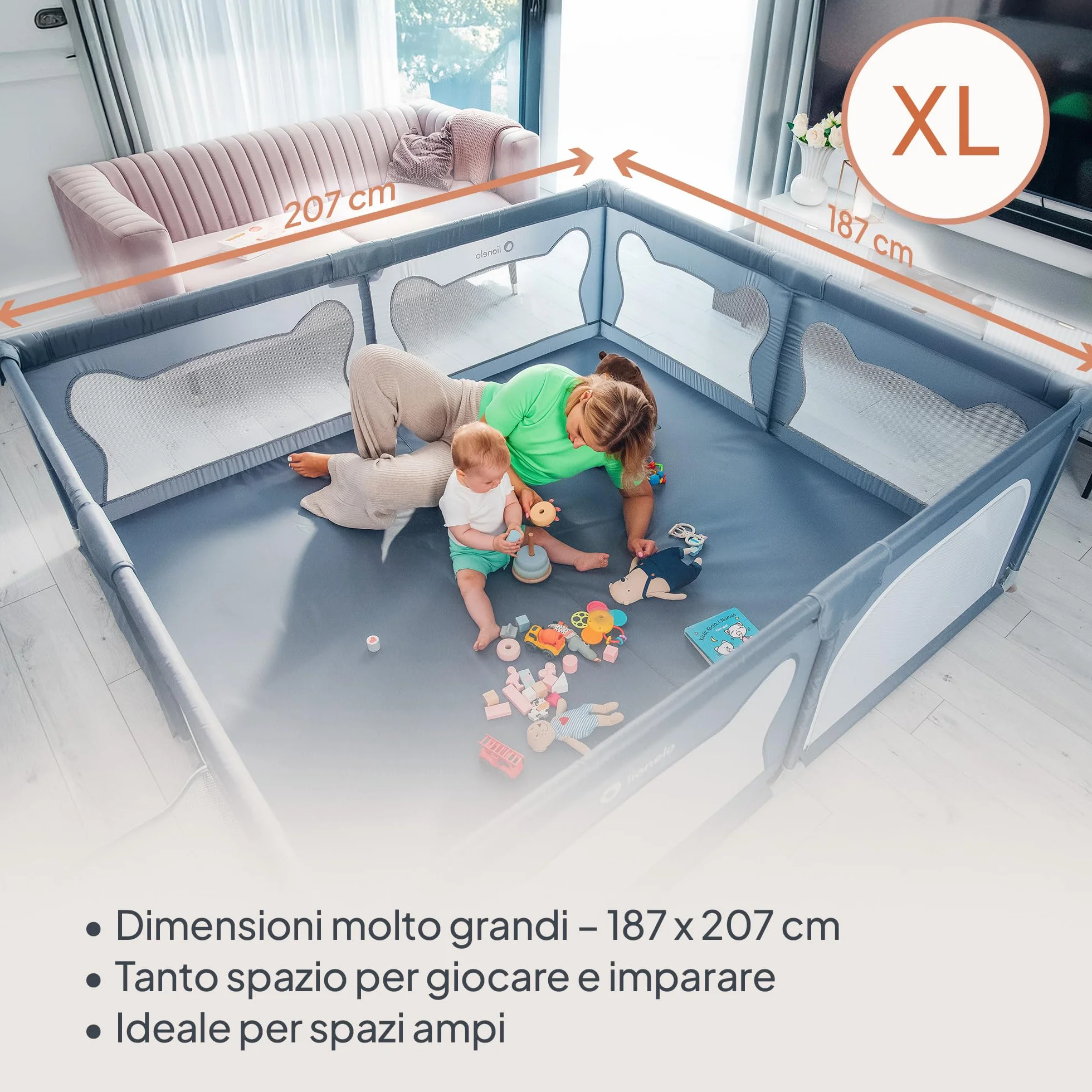 LIONELO WILLOW XL Box Pieghevole Per Bambini 0-48 Mesi Rete Traspirante 207x187 cm Beige
