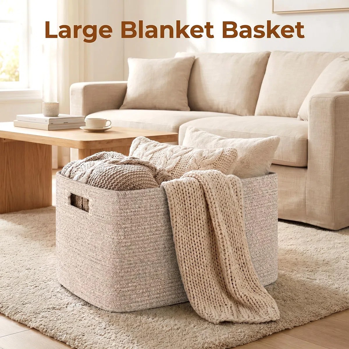 OIAHOMY, Grande cesto portaoggetti per coperte, 75 l, con manico, in corda di cotone per organizzare 55,9 x 43,2 x 30,5 cm, cestino per coperte, soggiorno, cestino per giocattoli per asilo, marrone