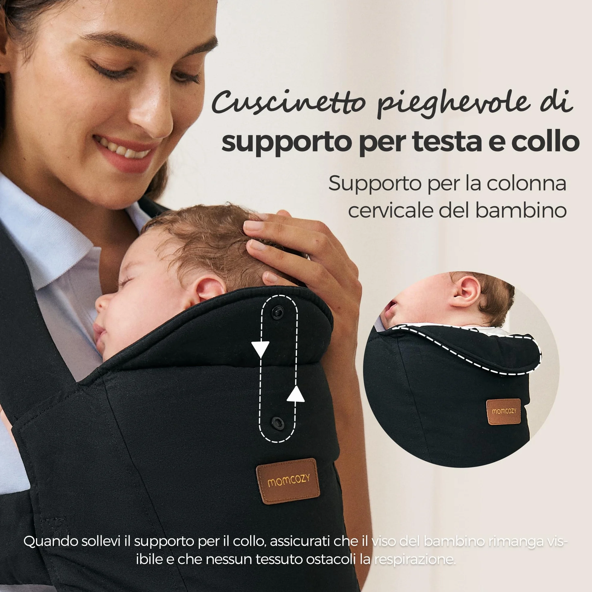 Momcozy Marsupio Porta Bebè per Neonati, Seduta Regolabile con Scala sulla Cintura, Supporto Collo, Chiusura con Anello di Sicurezza, 3,2–11 kg, Nero