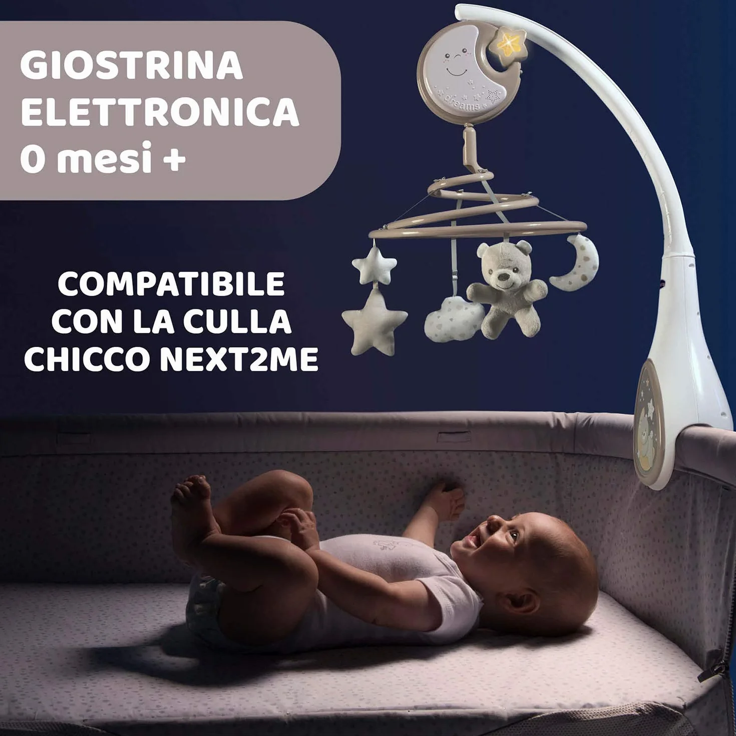 Chicco Next2Dreams Giostrina Neonato 3in1 z Carillon Elettronico dla Culla i Łóżeczka, Kompatybilna z Chicco Next2Me, Efekty Dźwiękowe, Projektor Światła, Muzyka 0+ Miesięcy