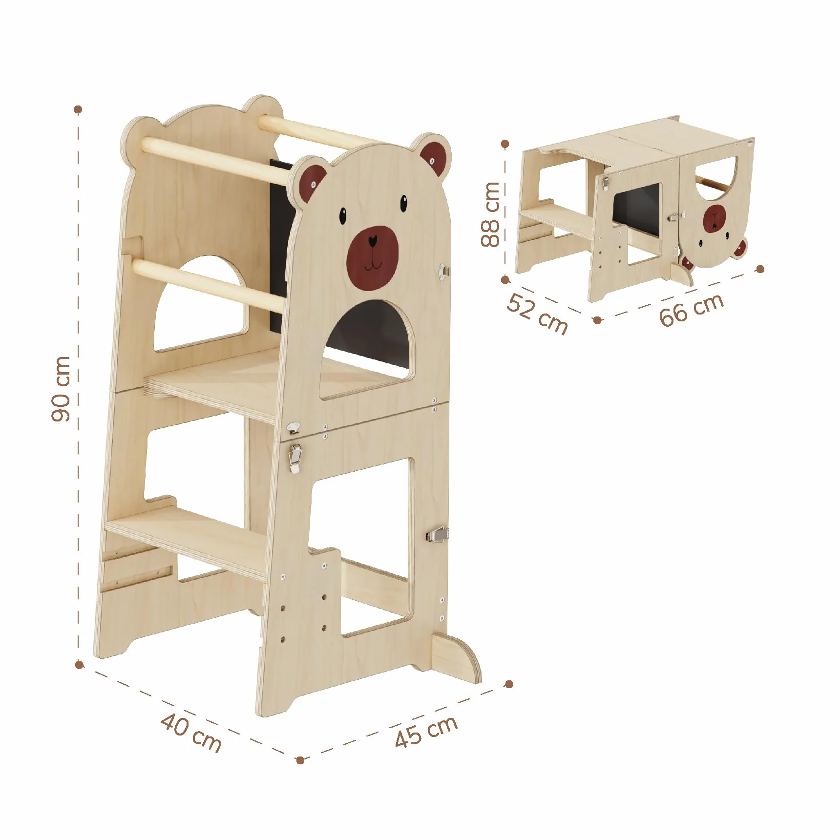 Buddy Baby Xperimenta Torre di apprendimento Montessoriana in legno trasformabile in scrivania e sgabello pieghevole per cucina con barra di sicurezza