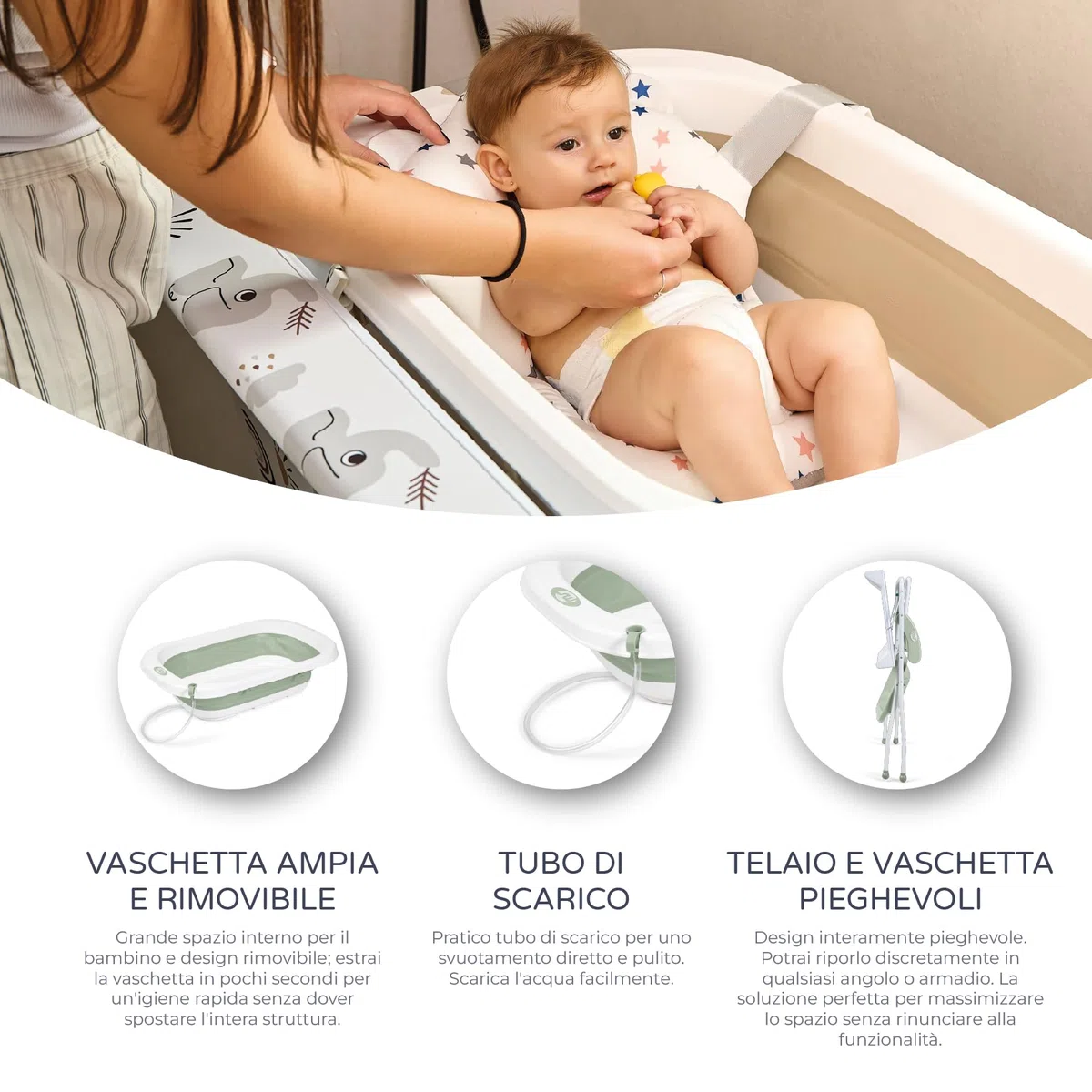 Ms BabyWorld ZOE Vasca da bagno con gambe, fasciatoio, cuscino riduttore e cestino portaoggetti, comodo, facile da riporre, con tappo e gambe antiscivolo, vasca da bagno pieghevole e portatile (Verde)
