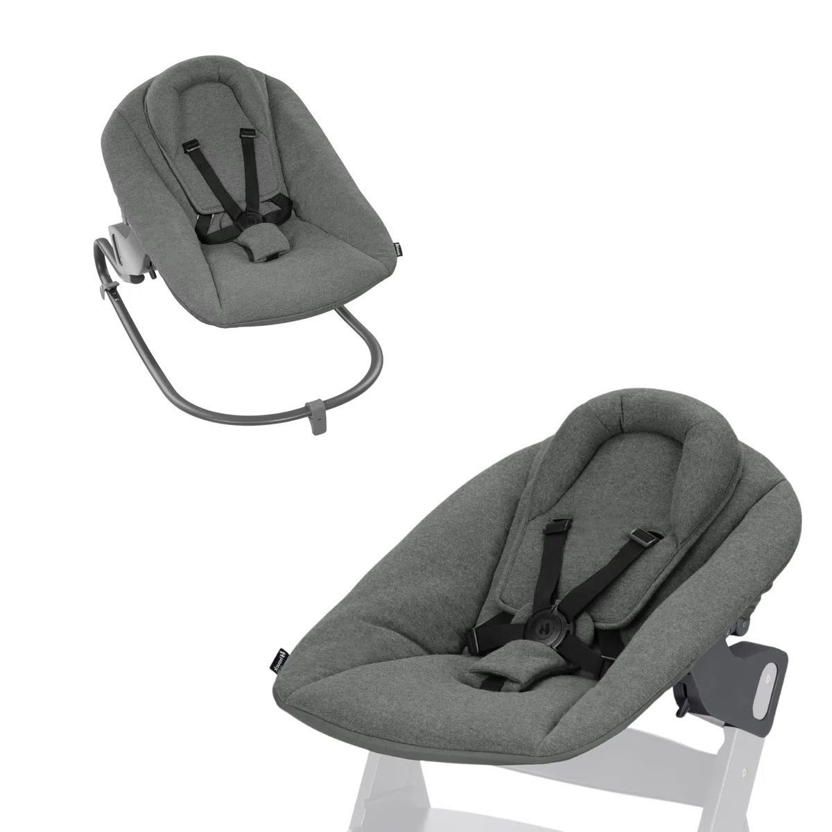 hauck Alpha Bouncer Premium, Grigio Scuro - Sdraietta Neonati Compatibile con Seggiolone Pappa Alpha+ e Beta+ - dalla Nascita fino a 9 kg - con Cintura a 5 Punti, Schienale Regolabile e Poggiatesta