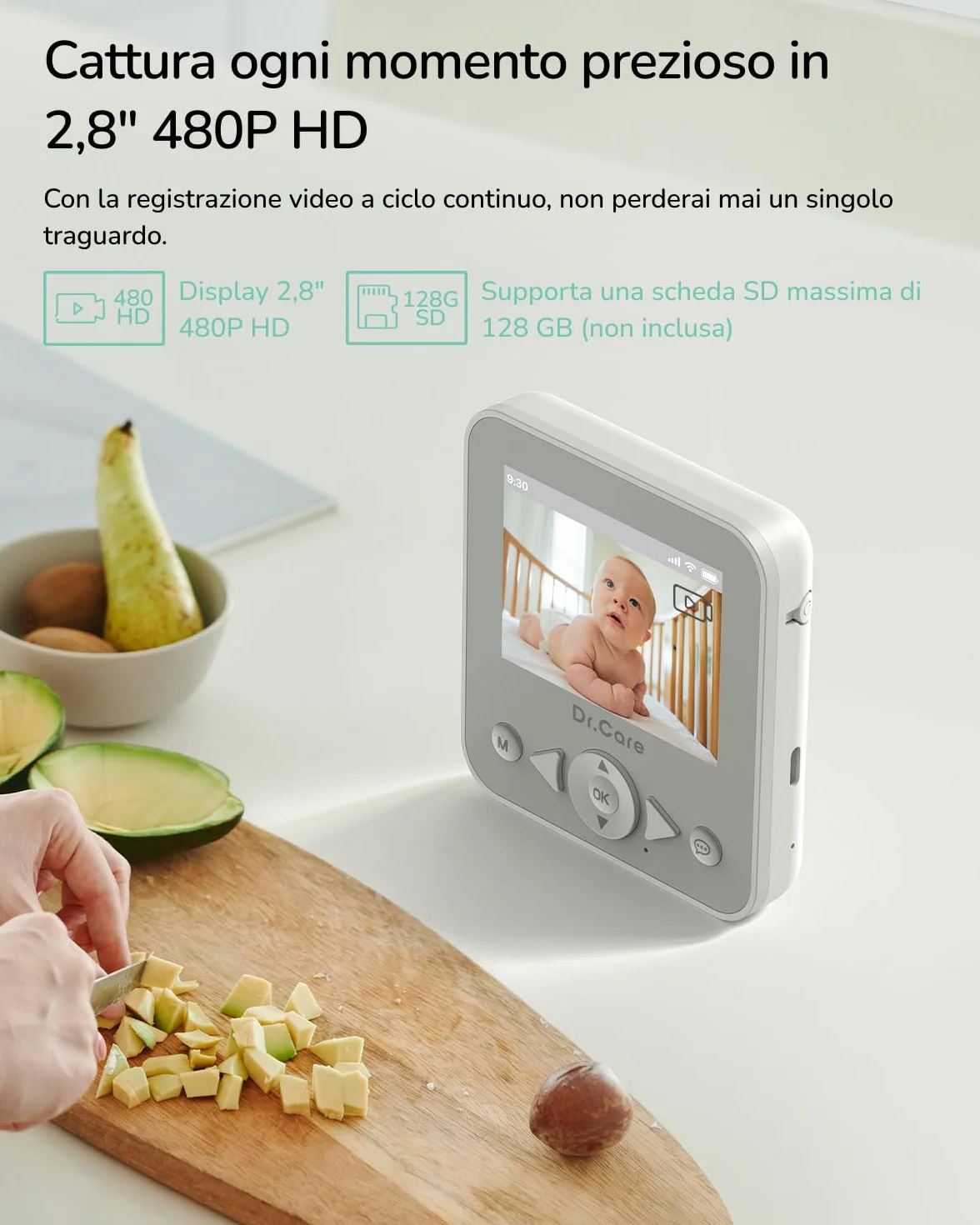 Dr.Care NeoView Baby Monitor Video - Schermo 2.8", Audio Bidirezionale, Registrazione Loop, Visione Notturna, Monitoraggio VOX, Sensore Temperatura, Ninne Nanne, Clip Cintura, Supporto 128GB