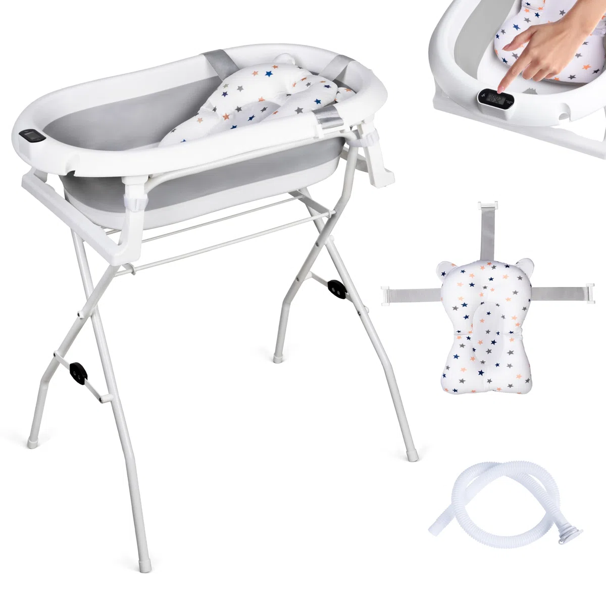 Pieghevole Vaschetta Bagnetto Neonato con Supporto 80cm - Vasca da Bagno Bambini 1-3 Anni con Termometro Incorporato e Tubo di Scarico - Offri il massimo comfort al tuo bambino