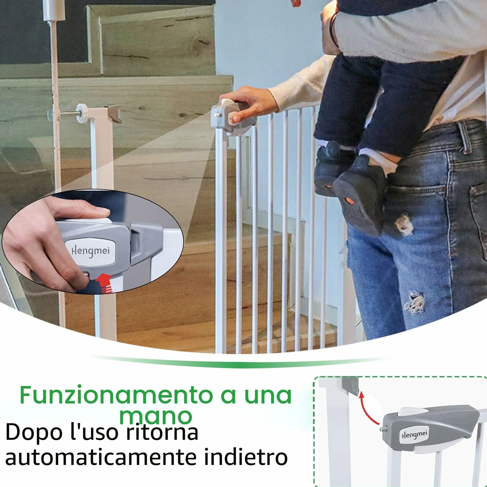 Cancelletto di protezione per porte in metallo, largo 105-115 cm, chiusura automatica, bianco