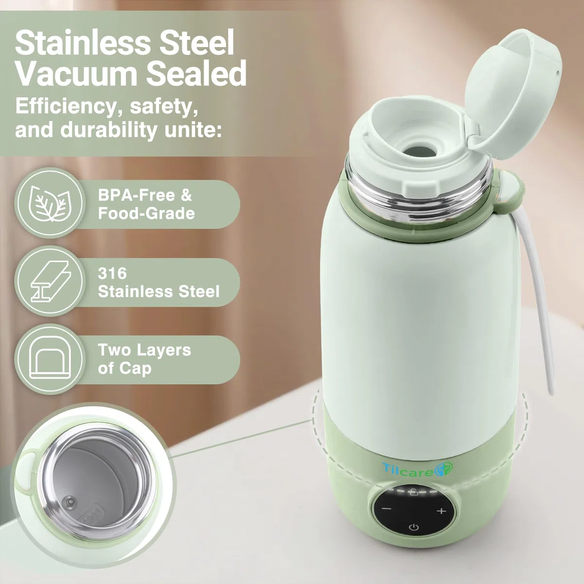 Scaldabiberon Portatile Ricaricabile con Distributore di Formula - 17oz/500ml, Riscaldamento Veloce, Controllo Preciso della Temperatura, Fino a 12 ore di Riscaldamento con Display LCD, Verde