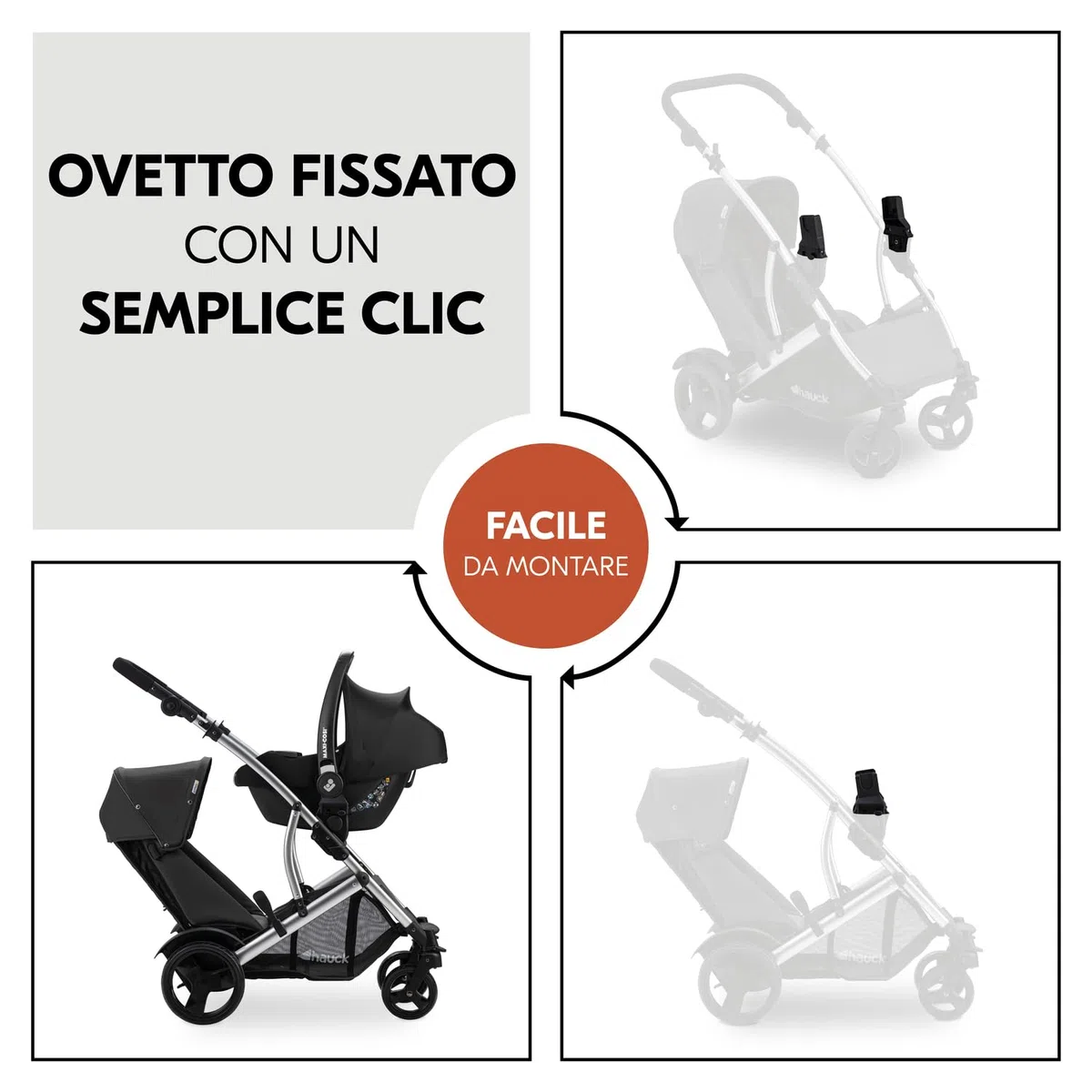 hauck Adattatori Seggiolini Auto Compatibili con Passeggino Gemellare Duett 2 e Duett 4 e Ovetti Selezionati di Maxi Cosi Cybex Joie Kinderkraft (Non Compatibili con Tutti i Modelli) - 1 Coppia, Nero