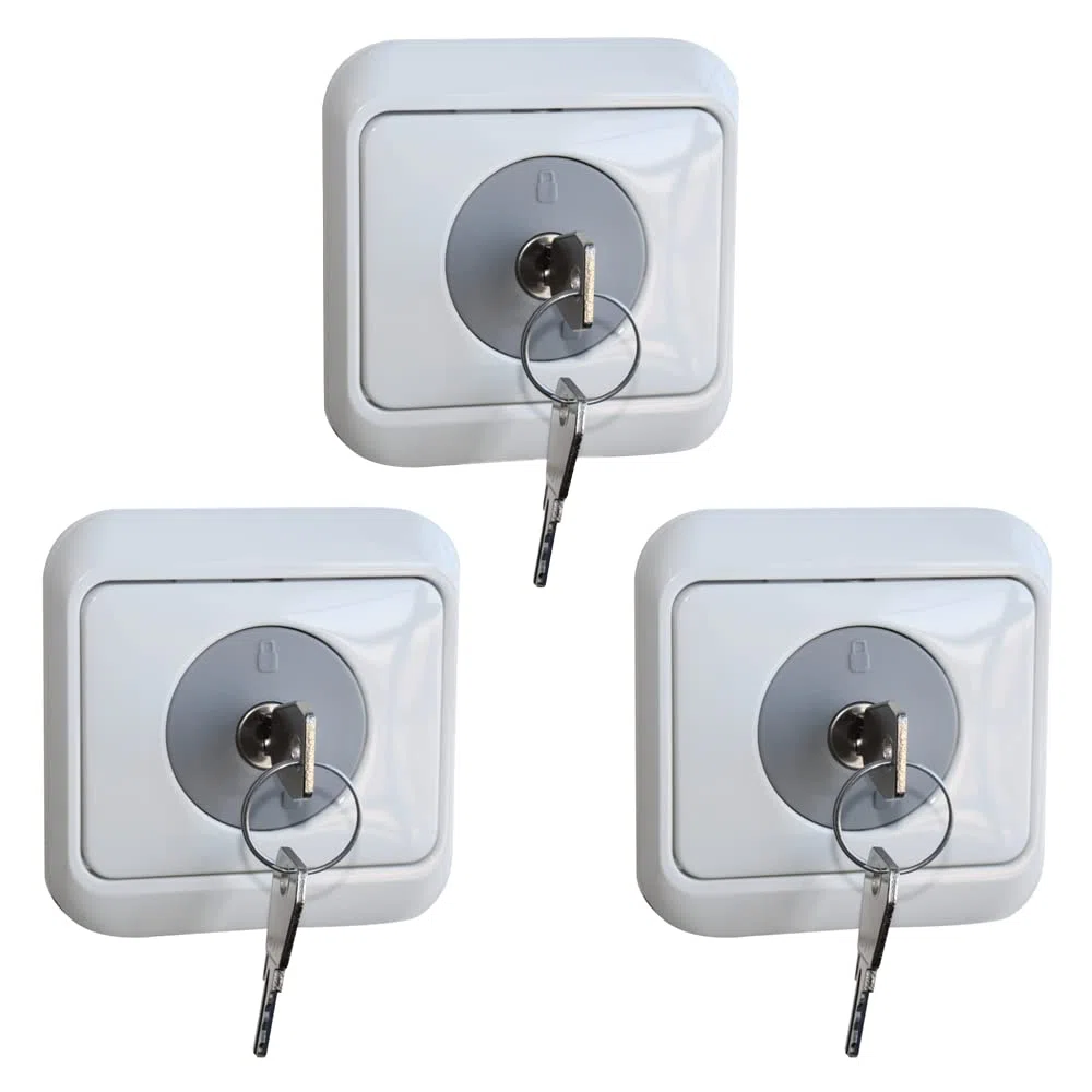 FELGNER Serratura con protezione da contatto, presa di sicurezza per bambini e bambini, protezione dai furti di corrente, per prese con contatto di protezione (Schuko), 3 pezzi con 2 chiavi in grigio