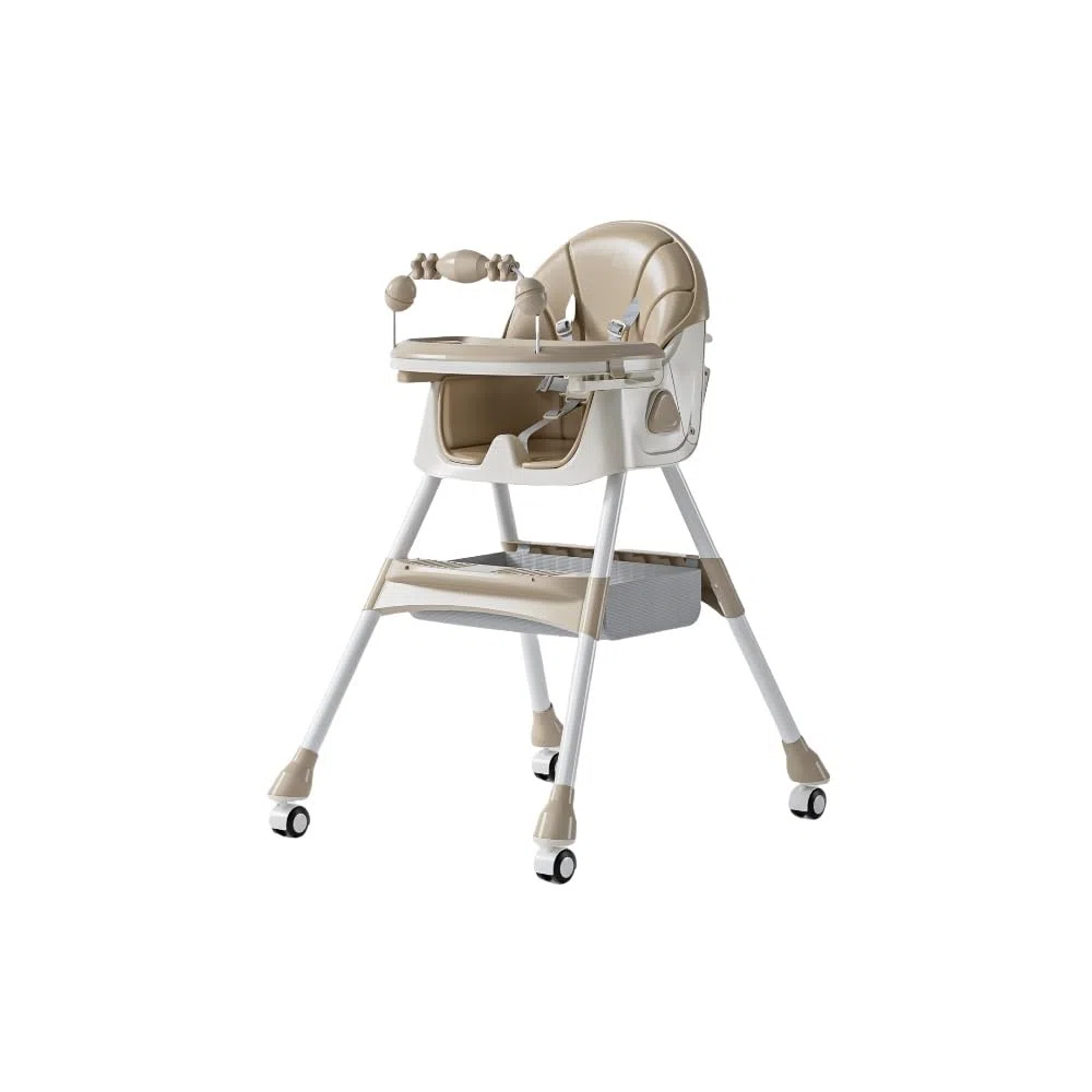 Seggiolone Bambini con Altalena e Ruote, Angolazione Regolabile | Colore kaki, con cestino portaoggetti, ideale per pasti in cucina e sala da pranzo