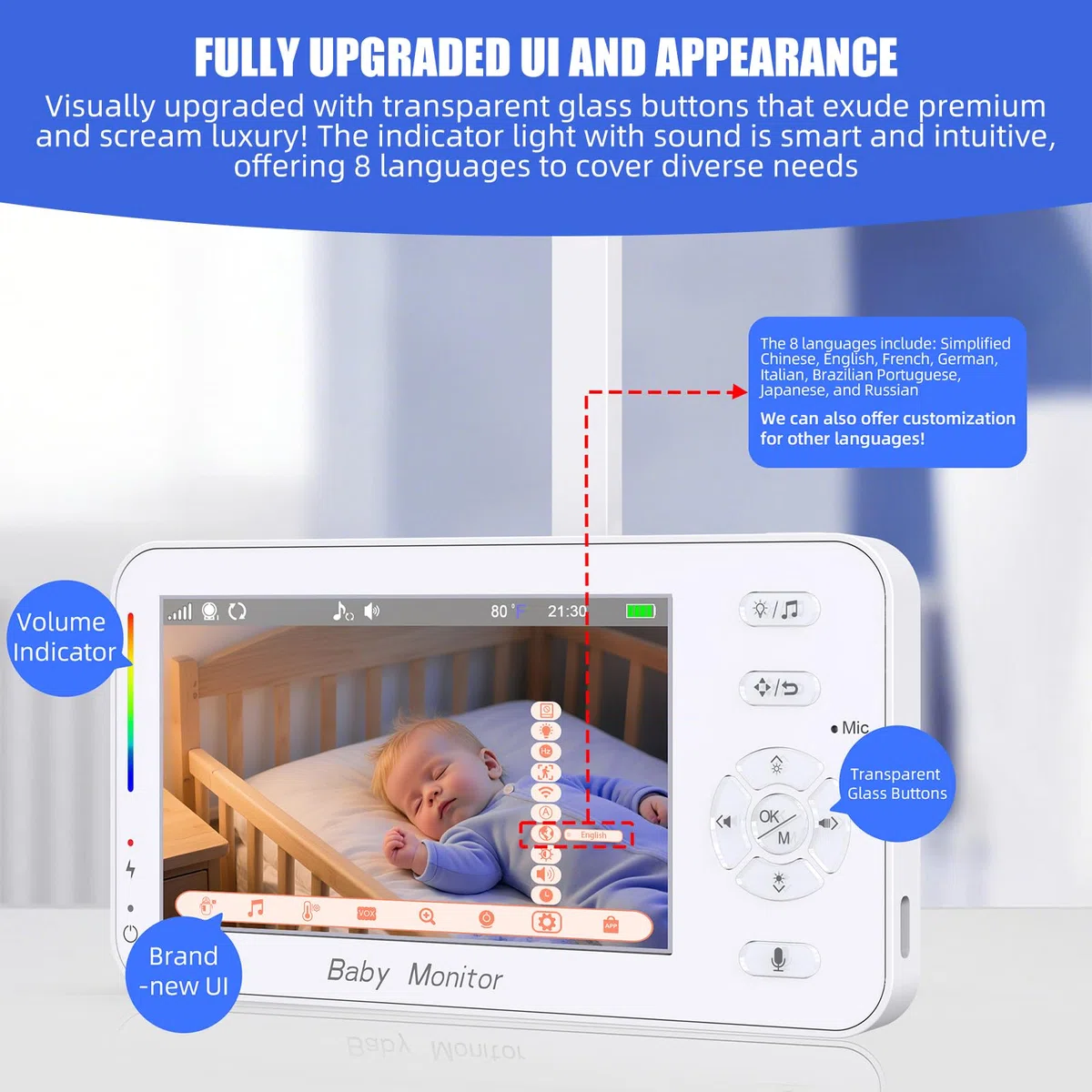 Baby monitor WiFi con fotocamera e audio, baby monitor portatile da 4,3 pollici 1080p HD, luce notturna, visione notturna, sensore di temperatura, portata di 300 m, conversazione a 2 vie, 8