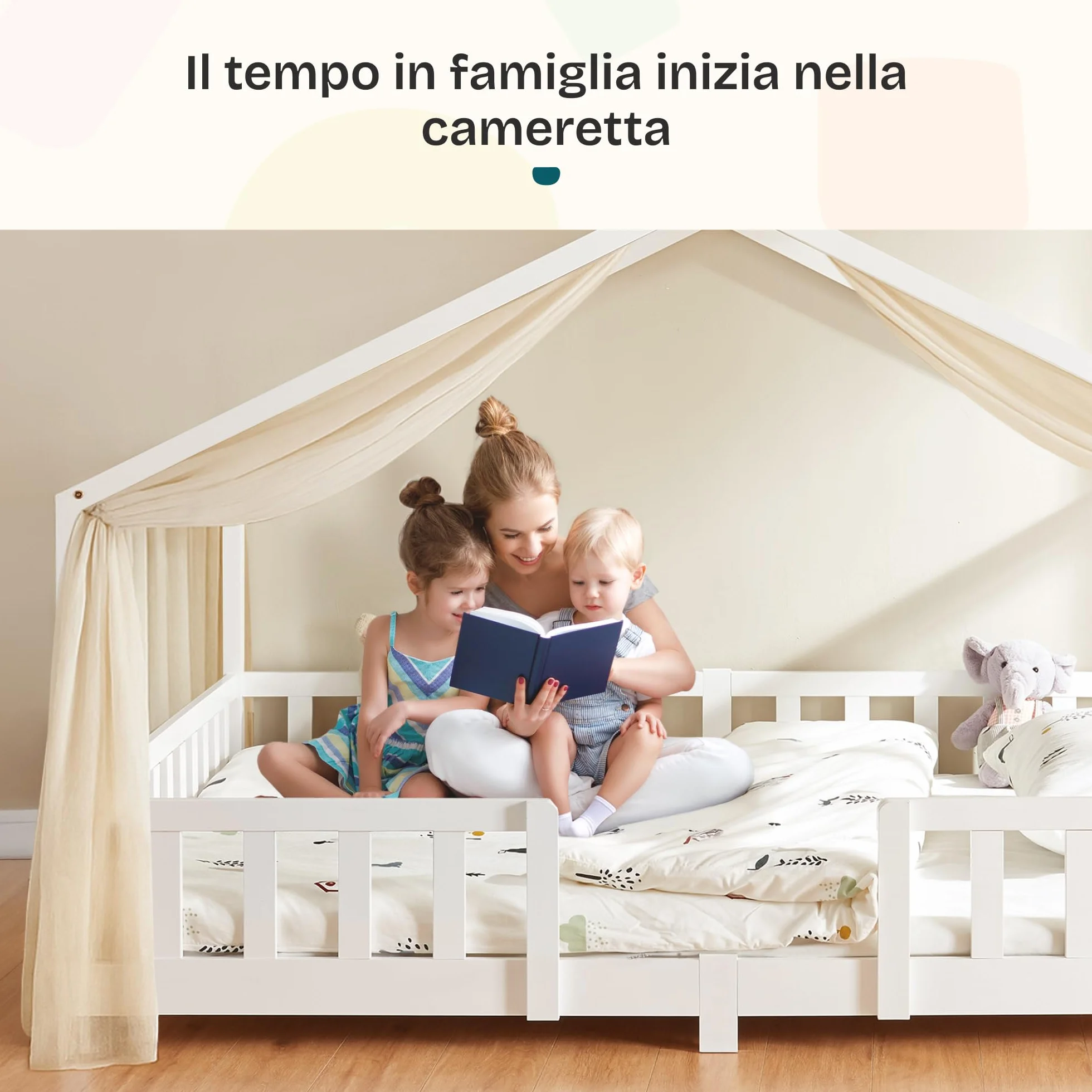 Letto a Forma di Casetta per Bambini in Legno di Pino 90x200 cm Bianco