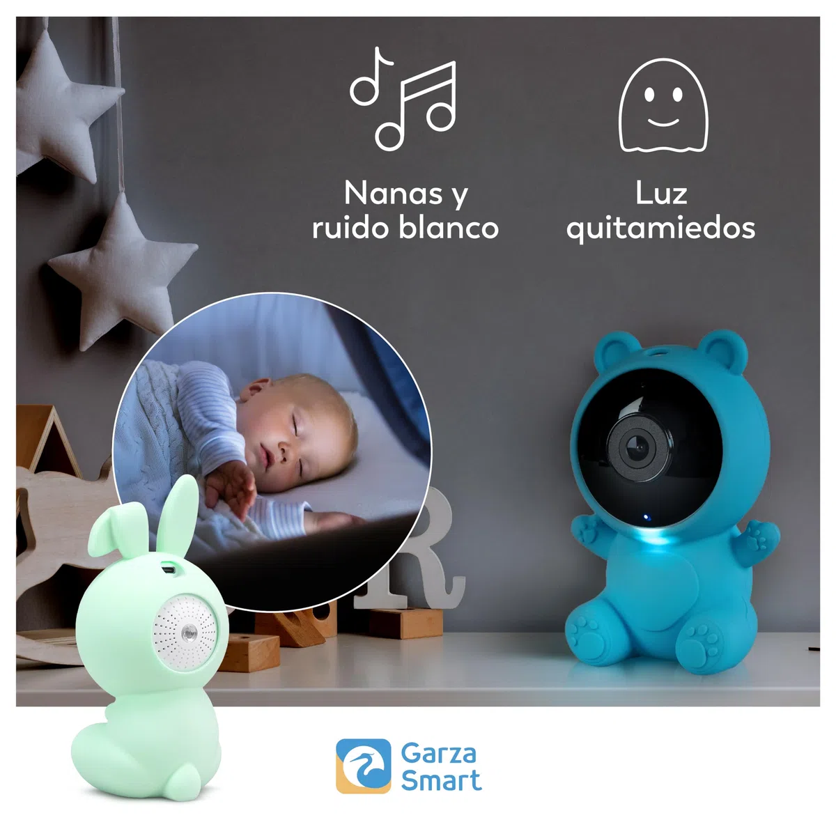 Garza Telecamera per la Sorveglianza del Bambino 1080p HD con Sensore di Temperatura, Visione Notturna, Rilevamento di Pianti, Ninnananne, Rumore Bianco e WiFi 2.4 GHz., 3 Coperture + Supporto