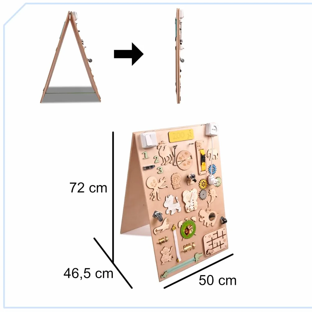 Leo - Quadro di attività sensoriale Montessori Busy Board in legno autoportante double face naturale Zoo 75 cm