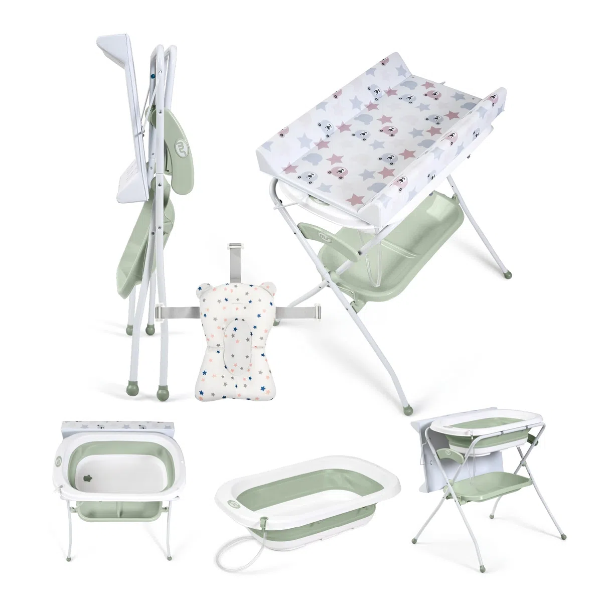 Ms BabyWorld ZOE Vasca da bagno con gambe, fasciatoio, cuscino riduttore e cestino portaoggetti, comodo, facile da riporre, con tappo e gambe antiscivolo, vasca da bagno pieghevole e portatile (Verde)