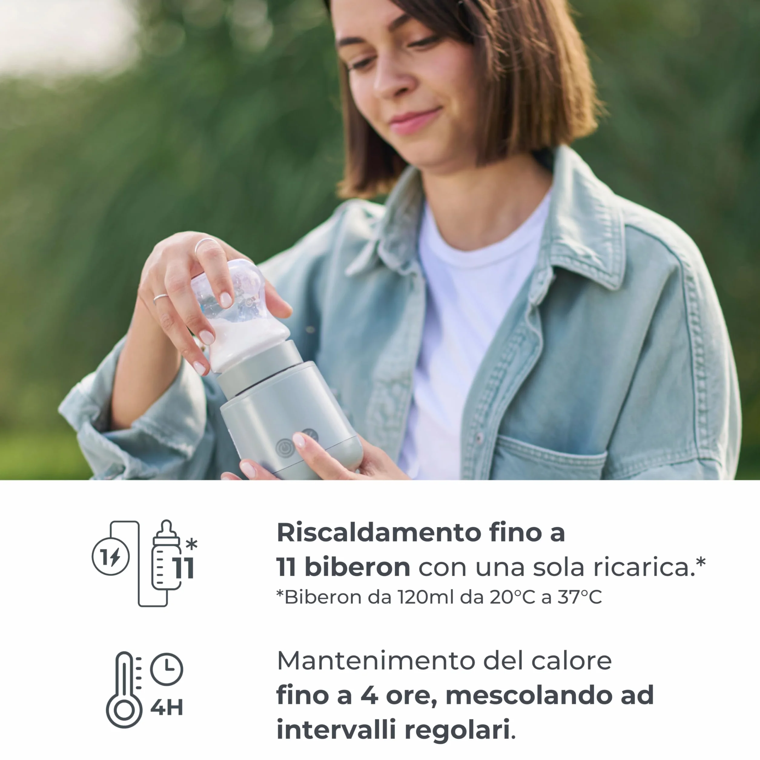 Nuvita 1164 Mix70 Scaldabiberon Portatile 70°C con Funzione Mescolamento, 5 Temperature fino a 70°C, Universale con 6 Adattatori Inclusi, Batteria Ricaricabile, Display LED, Senza BPA