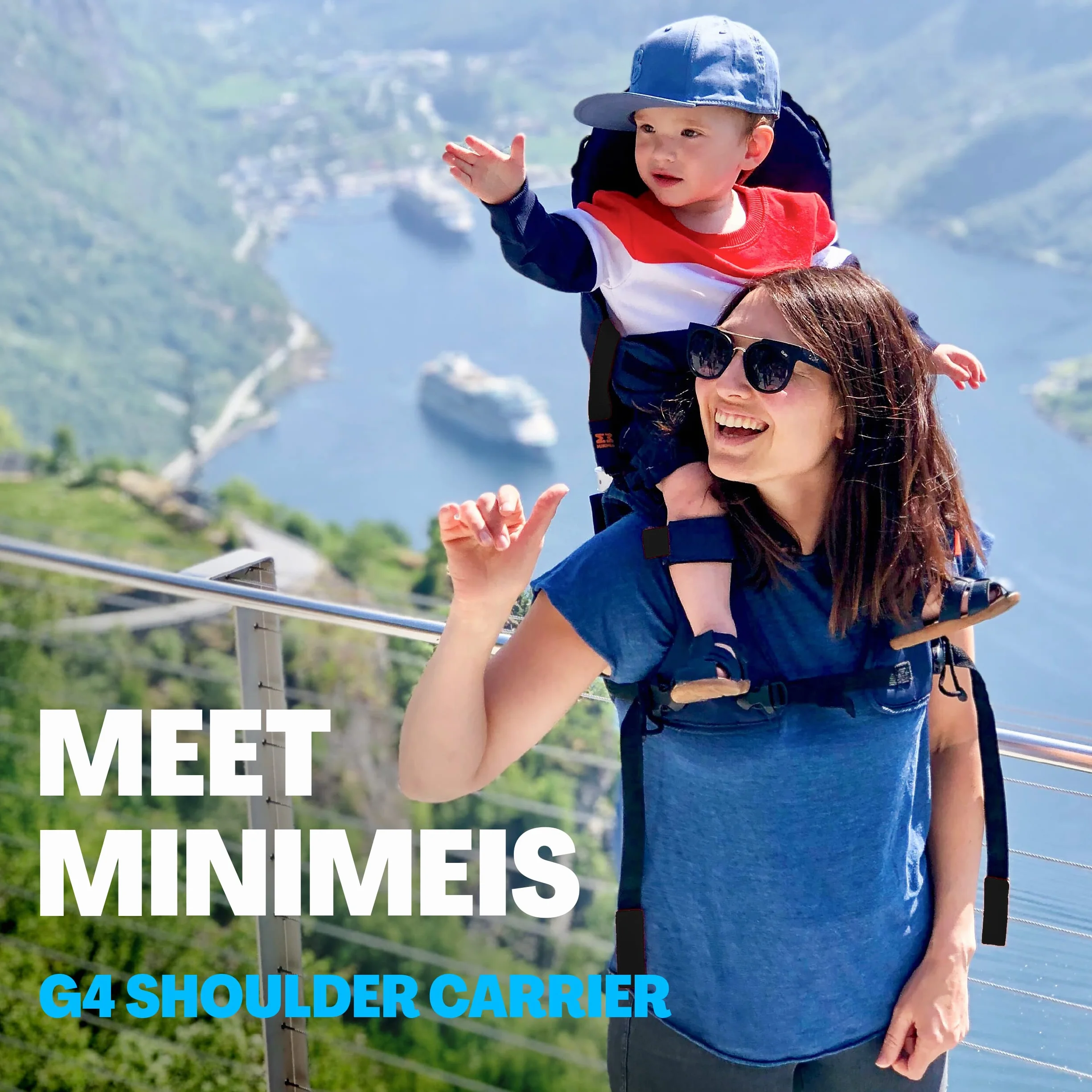 MiniMeis G4 - Marsupio per bambini al mondo con supporto per la schiena, sistema di trasporto pieghevole fino a 18 kg (blu e nero)