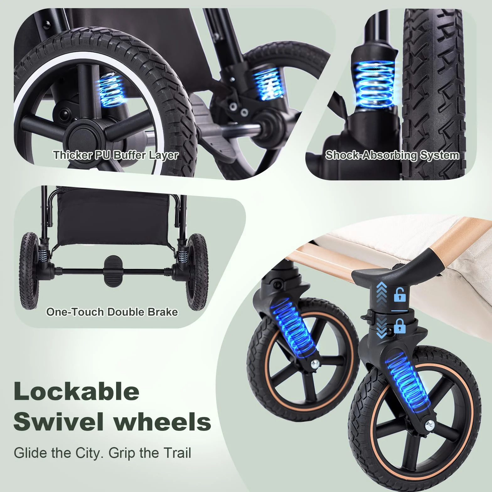 Passeggino 3 in 1 con Seggiolino Auto, Carrozzina Pieghevole, Sospensione 4 Ruote, per Neonati 0-3 Anni (15kg), Blu-Verde