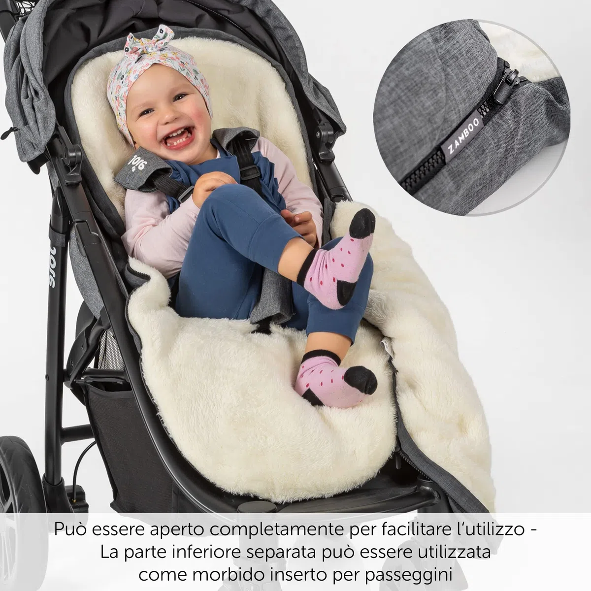 Zamboo Sacco Coprigambe Passeggino Universale per Carrozzina ed Ovetto - Sacco Passeggino Invernale 2in1 in Pile con Tasca - Grigio