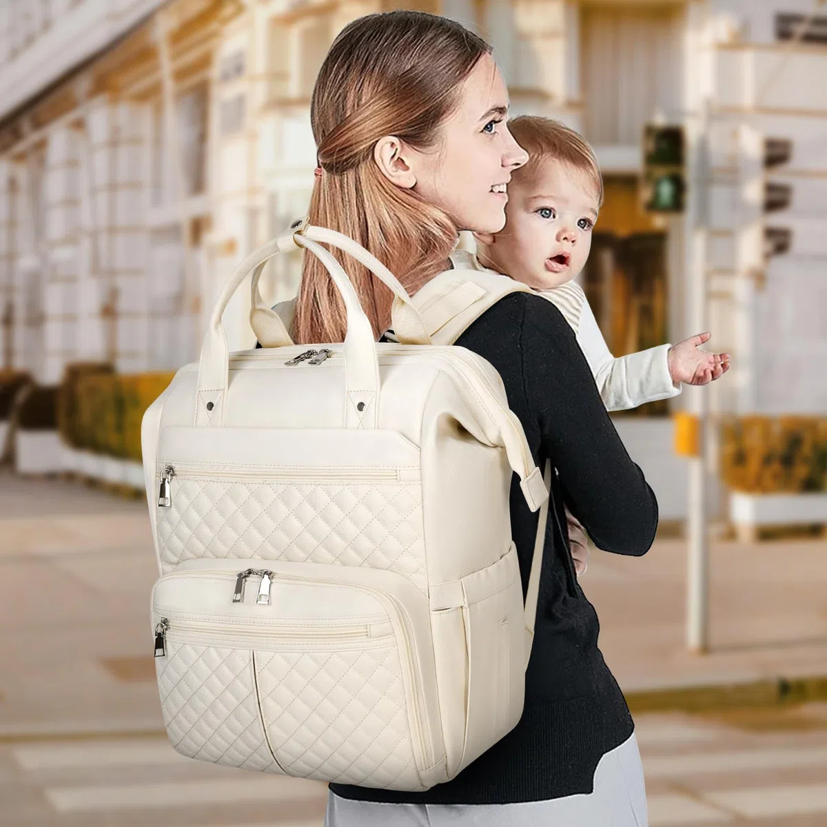 RAINSMORE Zaino Mamma Multifunzione con Fasciatoio Portatile e Grande Borsa Neonato Ganci per Passeggino per Mamma e Papà Bianco