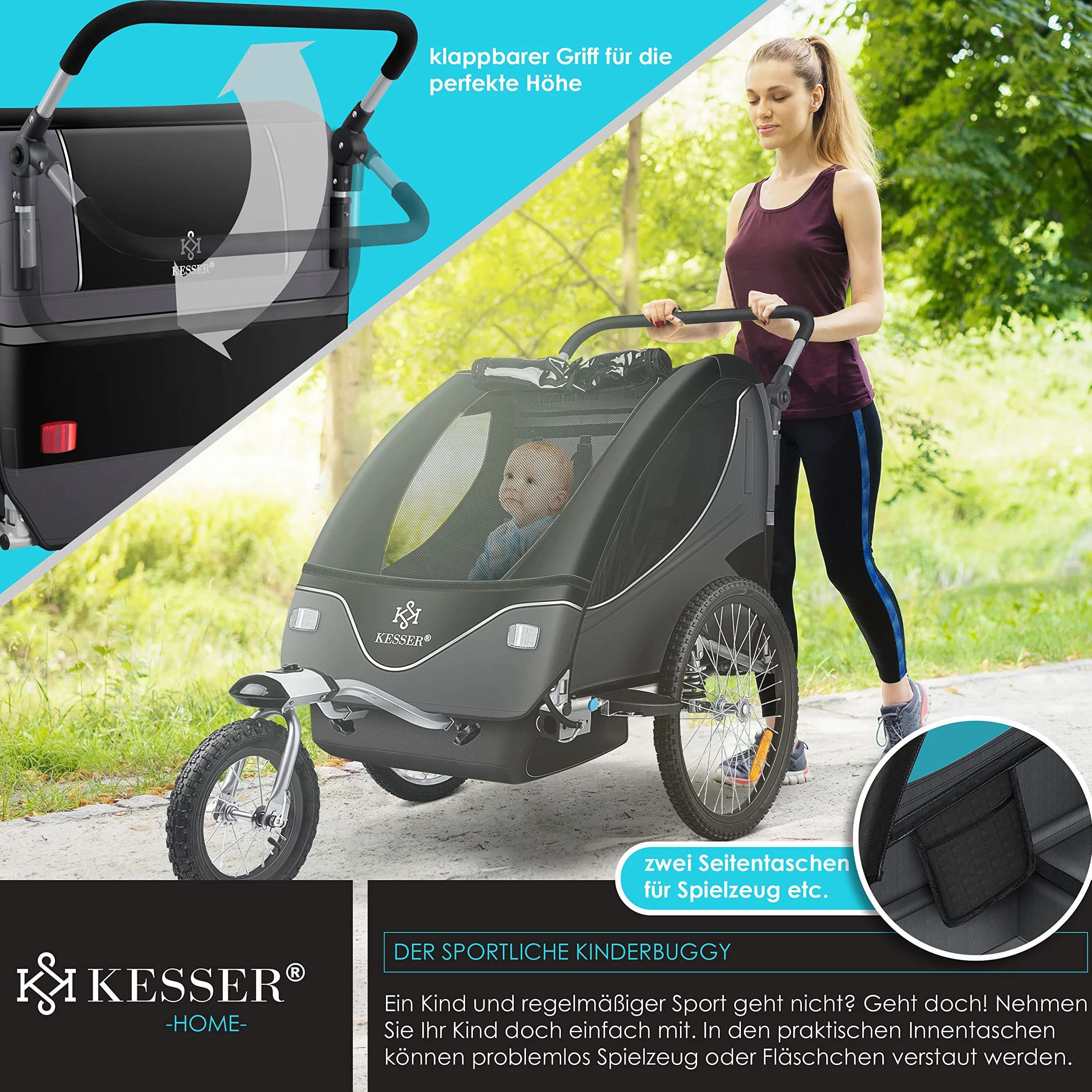 KESSER® Rimorchio per Bambini 2in1 Jogger, Ruotabile a 360°, Sospensioni, Cintura 5 Punti, max. 40kg