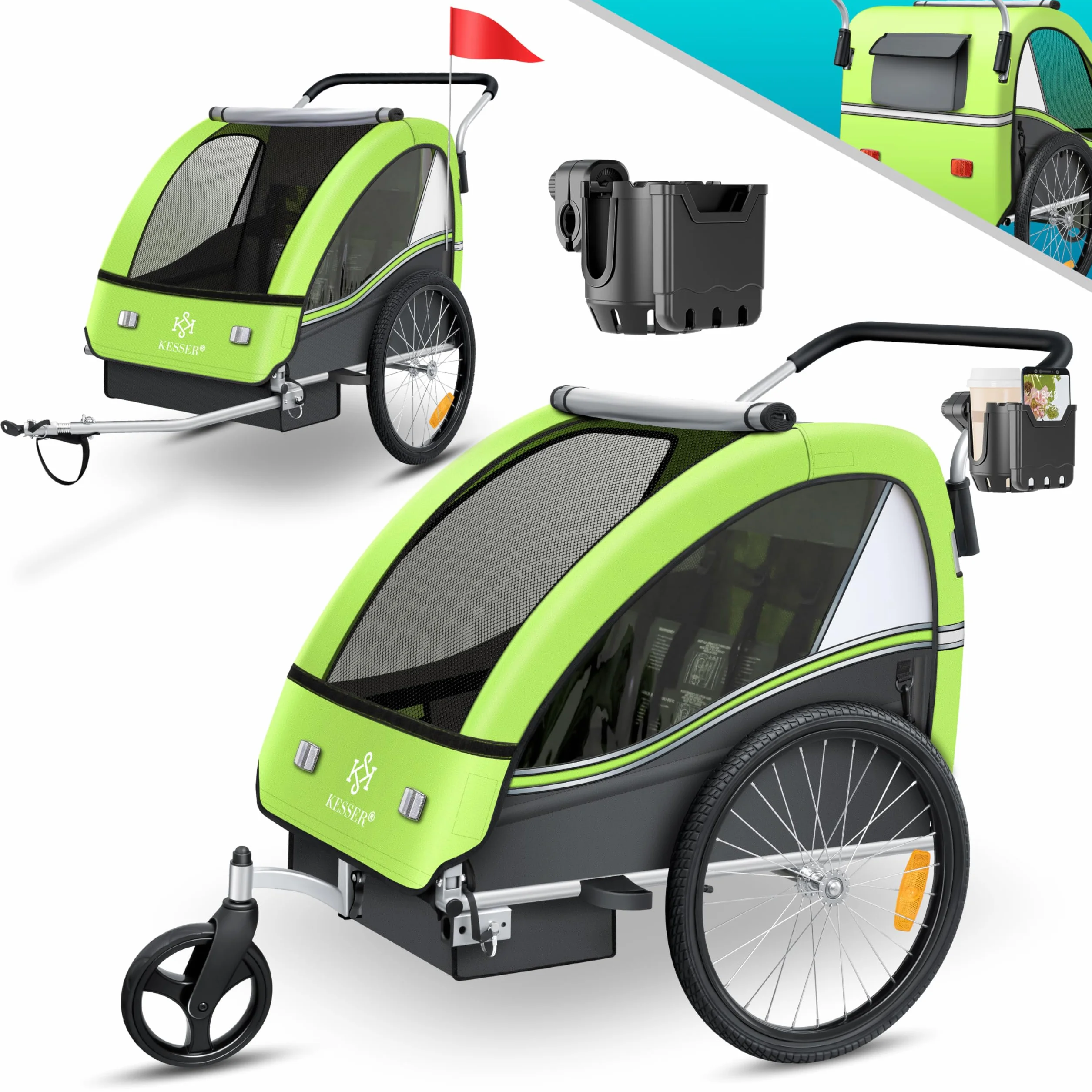 KESSER® Rimorchio per bambini da bicicletta Sport-RX 2 in 1 funzione jogging cintura di sicurezza a 5 punti ruota anteriore girevole 360°