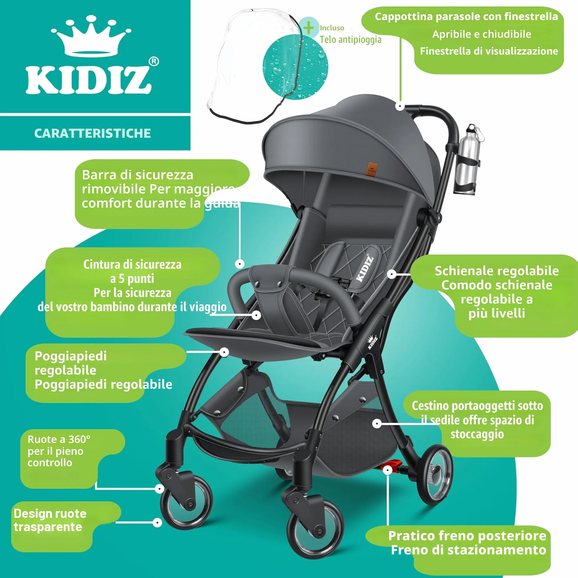 KIDIZ® Premium Passeggino Pieghevole con Ruote 360°, Imbracatura 5 Punti, Portabibite, Parapioggia, Schienale Regolabile, Capottina Parasole, Antracite