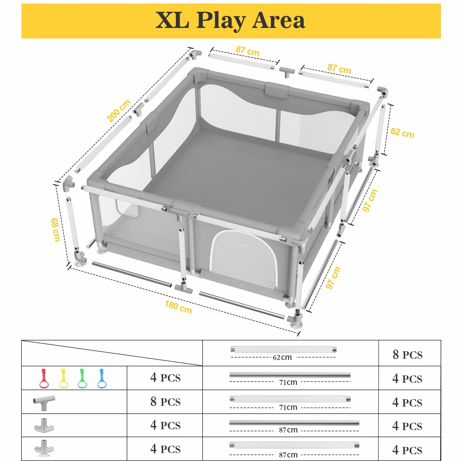 Box Bambini 200 x 180 x 68 cm, Recinto per Bambini Grande con Base a Ventosa, Tessuto Oxford 300D, Facile da Montare e da Pulire, Box Neonato - Senza Tappeto & Palline, Grigio