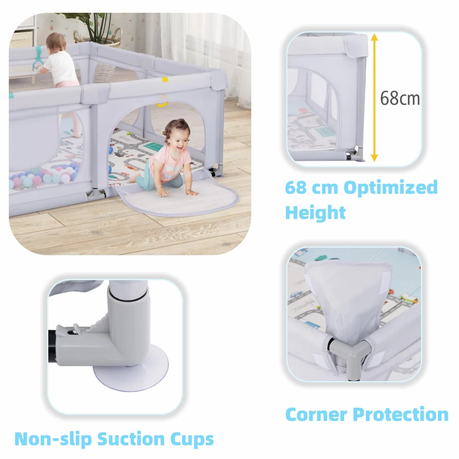 LIFEZEAL Recinto Bambini con Tappeto Gioco, 189x158cm, Box Neonato con Materassino, Box Bimbo 0~36 Mesi con Borsa, Anelli e Palline Colorate, Recinto Neonati in Rete Traspirante (grigio chiaro)