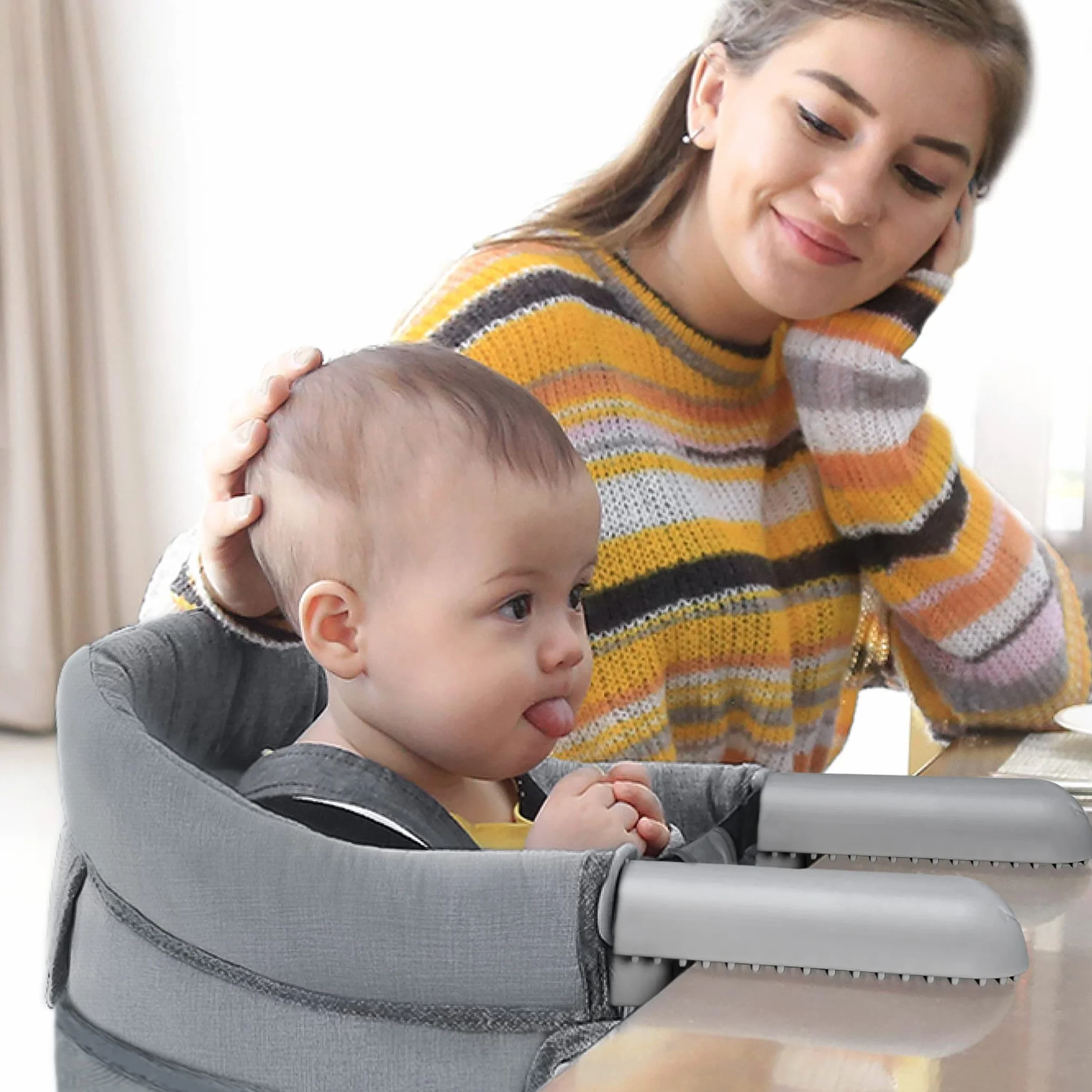 Aufun seggiolino da tavolo pieghevole per bambini, seggiolino con morsetti antiscivolo, schienale ergonomico, cintura di sicurezza, seggiolone da viaggio per bambini a casa e in viaggio (grigio)
