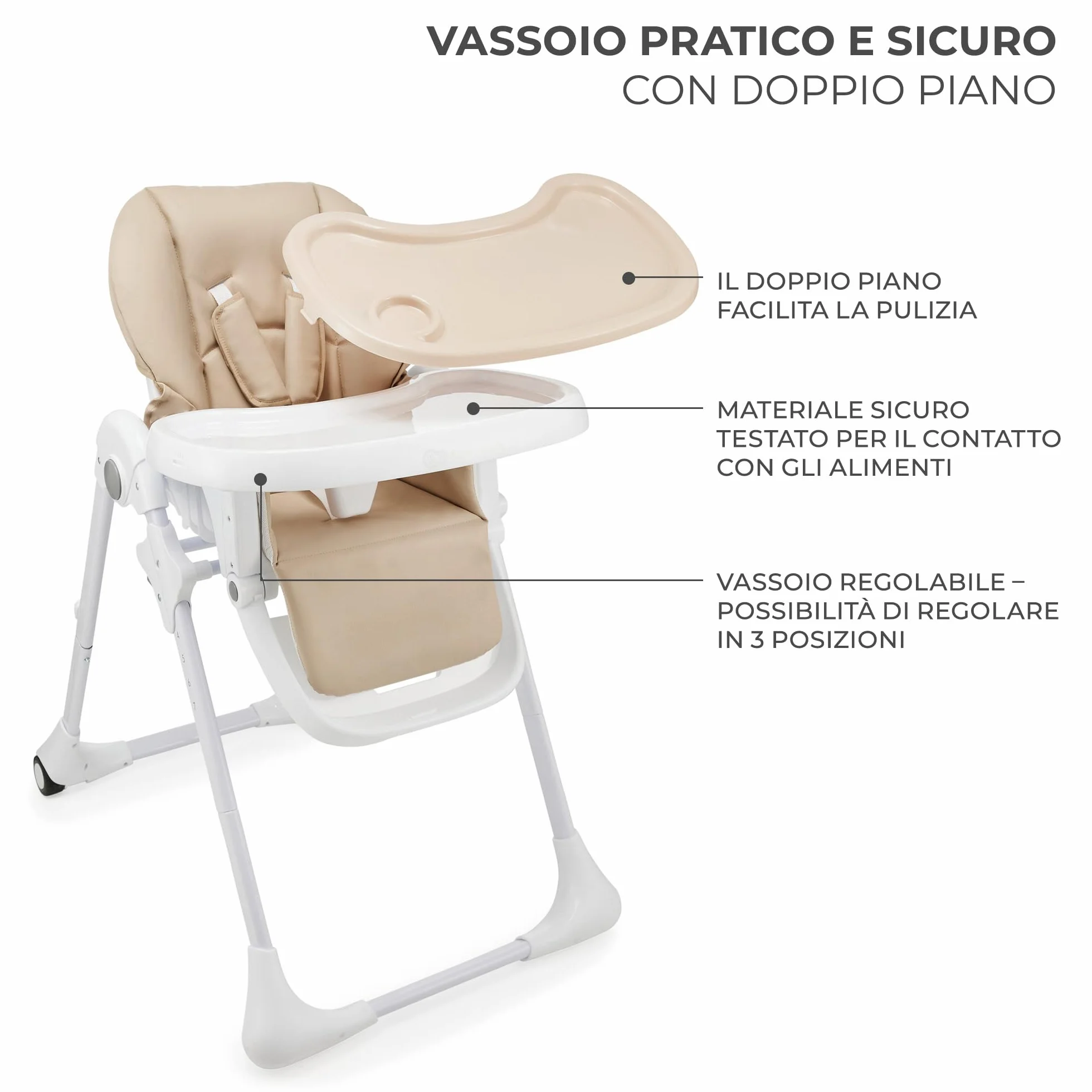 Kinderkraft TUMMIE Seggiolone 2 in 1 Ergonomico Reclinabile Pieghevole Altezza Regolabile Beige