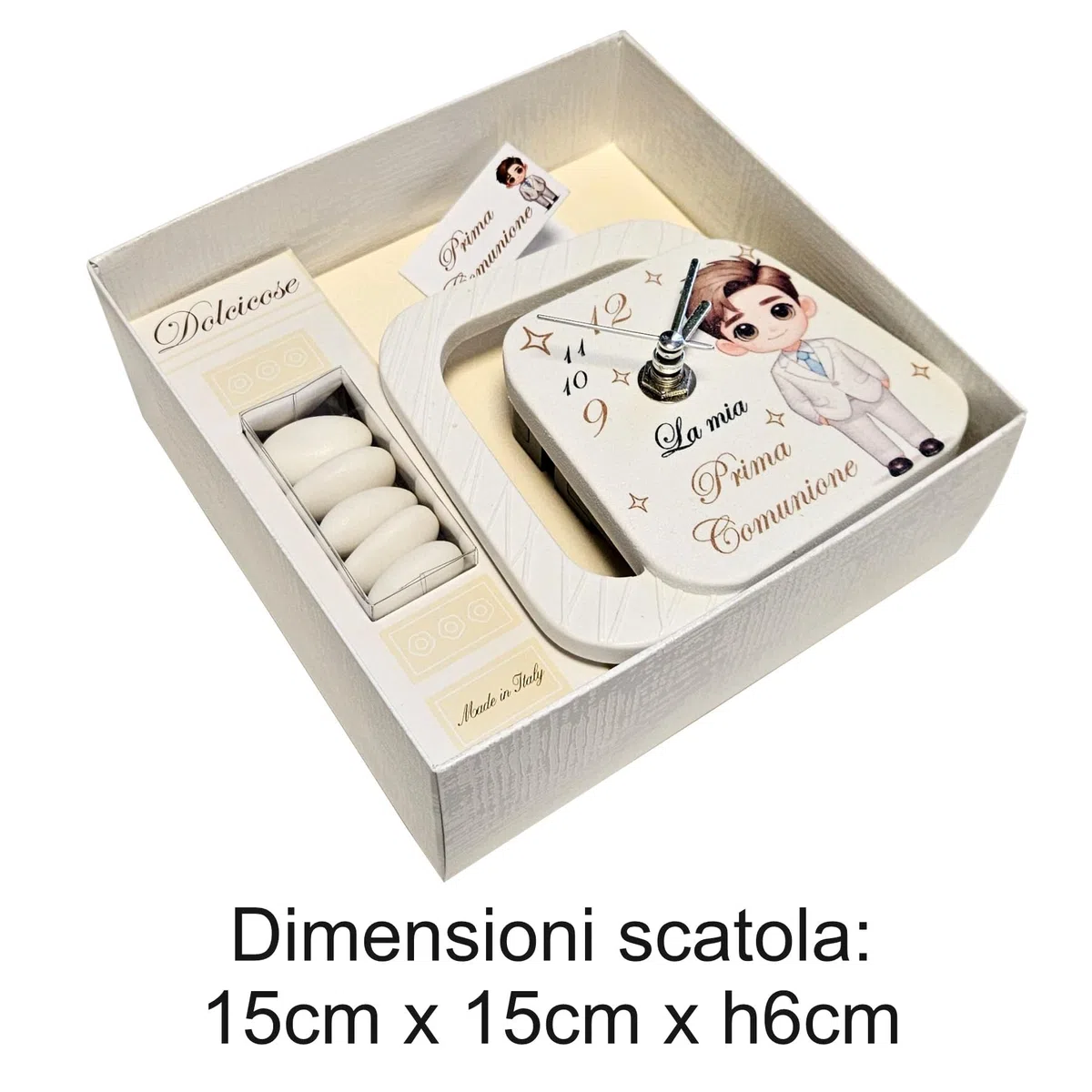 Generico Ametista Regali Bomboniere Set 6 Orologi Prima Comunione Maschio 11,5x11cm - Completi di Scatole, nastri in organza, confetti senza glutine e bigliettini personalizzati
