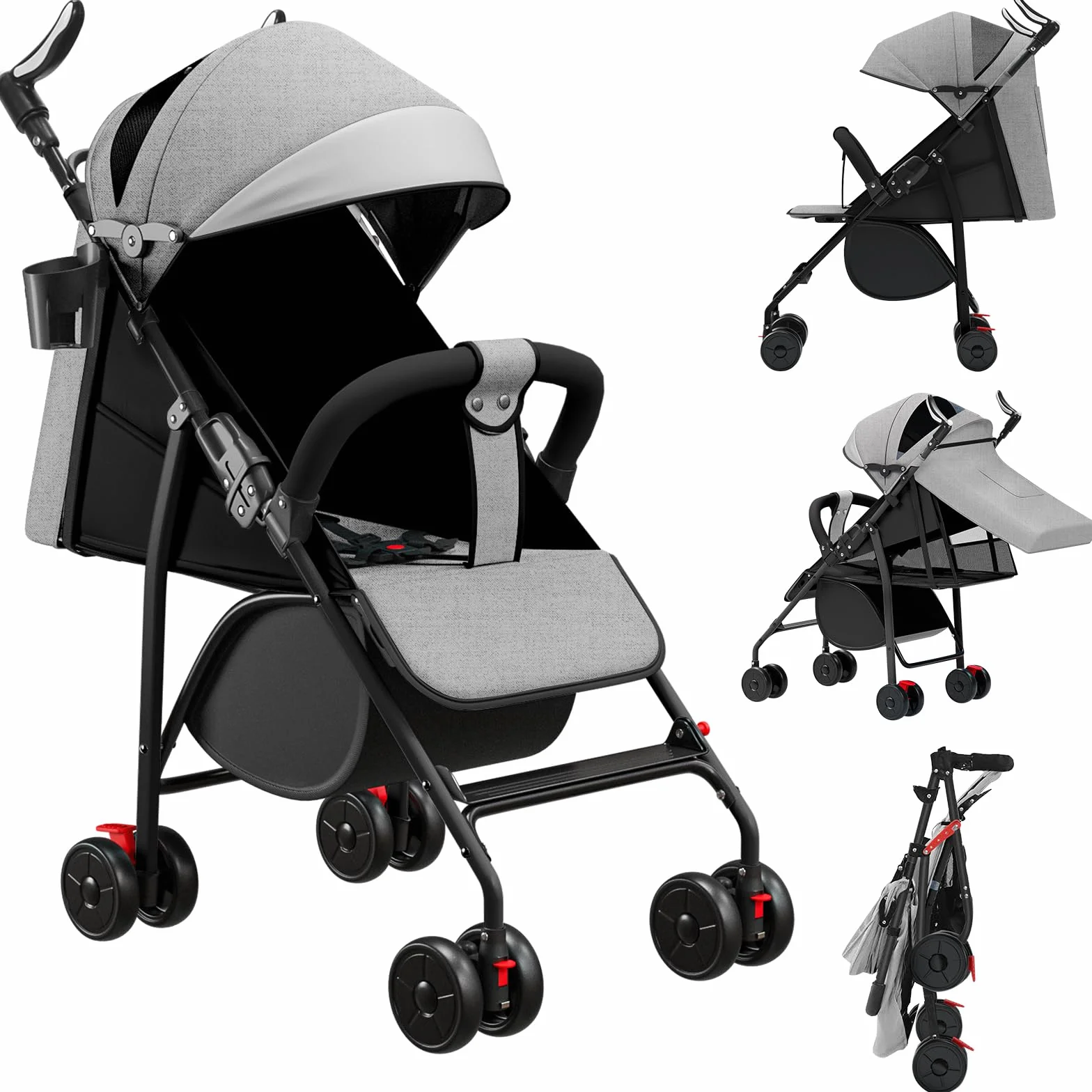 OHMG Passeggino Canne, Passeggino compatto 0-4 anni, leggero e maneggevole, pieghevole con una mano, schienale reclinabile, imbracatura a 5 punti, passeggino leggero con baldacchino e zanzariera