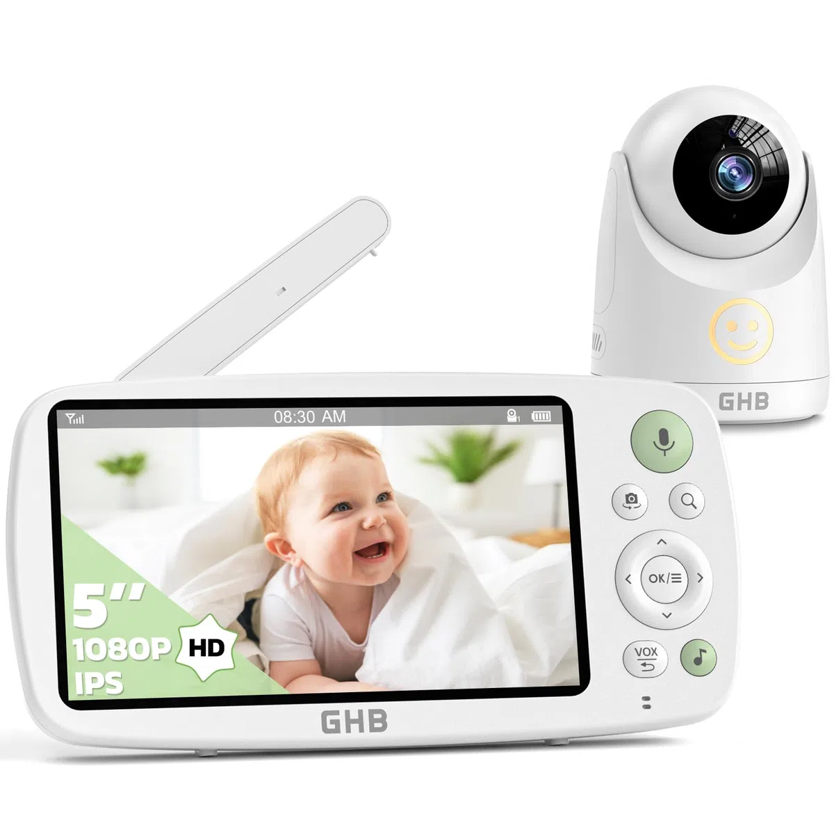 GHB Baby Monitor Video e Audio Schermo 5'', 350°/110°, 168 Ore di Autonomia, HD 1080P, Modalità VOX, Visione Notturna, Rilevamento della Temperatura, Ninne Nanne
